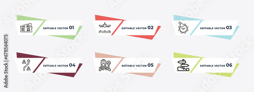 train to the airport, landing runway, sunny day, road cone, baggage scale, direction post outline icons. editable vector from airport terminal concept.