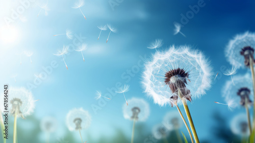 Dandelion develops in the wind. Close up view  blue sky