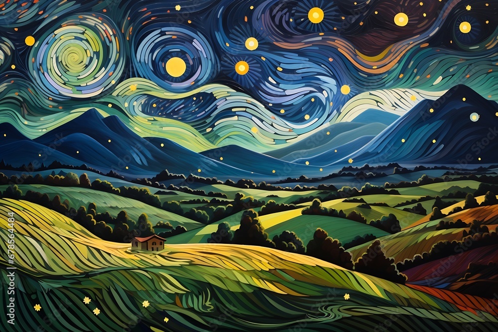 Generative AI : A starry sky above a hilly landscape with vivid colors