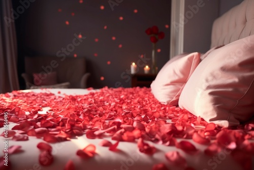 Bed covered with rose petals. Romantic honeymoon luxury bedroom atmosphere. Generate ai