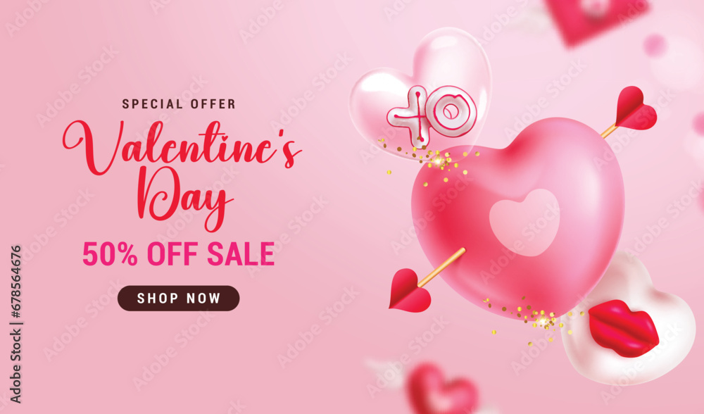 Valentine's day sale text vector banner. Happy valentine's day special offer discount text with bow and arrow heart balloons decoration elements for shopping promotion design. Vector illustration 