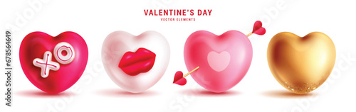 Valentine's heart balloons vector set. Valentine's day greeting card with heart shape inflatable balloons, boa and arrow and lips decoration elements collection. Vector illustration hearts balloon 