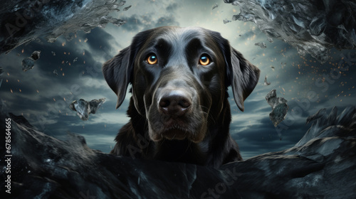 Labrador retriever dog is outdoors with dark nature background