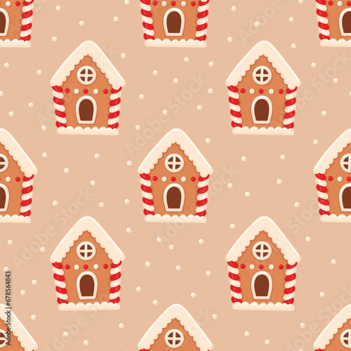 Christmas background with ginger cookie, gingerbread house. Festive traditional cookies with icing. Homemade biscuit. Flat vector illustration. Winter holiday print for packaging, textile, home decor