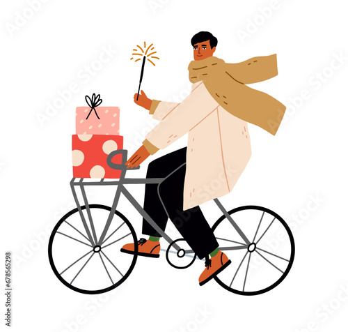 Man cycling Christmas bicycle, carrying gifts, present boxes. Happy person on...