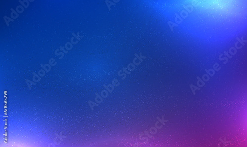 Glitter sparkles on blue pink neon background. Neon blue magenta pink grain texture. Shining particles in color paint. Background for birthday, anniversary, wedding, new year eve or Christmas. Vector.