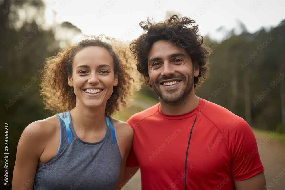  young sporty couple in activewear looking at camera outdoors. healthy lifestyle