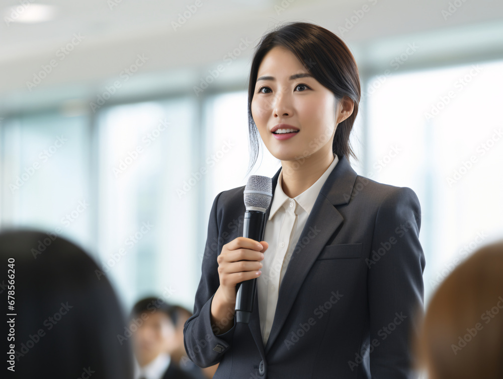 A Asian businesswoman in a stylish suit confidently giving a presentation in a modern meeting room. The focused expressions of both the presenter and the audience convey a narrative of professionalism A Asian businesswoman in a stylish suit confidently giving a presentation in a modern meeting room. The focused expressions of both the presenter and the audience convey a narrative of professionalism