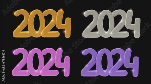 2024 numbers metallic 3D New Year elements for holiday banners. Different color shiny three dimensional realistic vector designs - gold, silver, pink and purple.