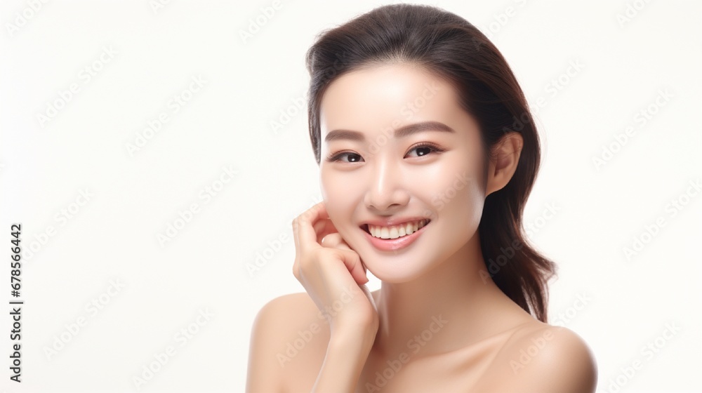 Beautiful face Portrait of a smiling woman stroking her healthy skin On a white background, a beautiful joyful girl model with fresh glowing moisturized facial skin and natural makeup.