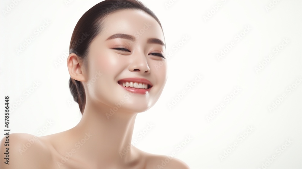 Beautiful face Portrait of a smiling woman stroking her healthy skin On a white background, a beautiful joyful girl model with fresh glowing moisturized facial skin and natural makeup. Beautiful face Portrait of a smiling woman stroking her healthy skin On a white background, a beautiful joyful girl model with fresh glowing moisturized facial skin and natural makeup.