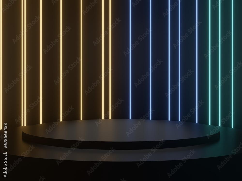 Black scientific podium with neon lights. Black scientific podium with neon lights.