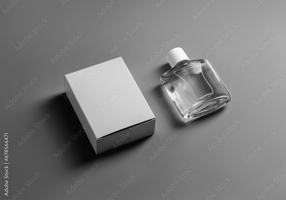 Mockup of a white box, transparent perfume bottle, isolated on background with shadows. Mockup of a white box, transparent perfume bottle, isolated on background with shadows.