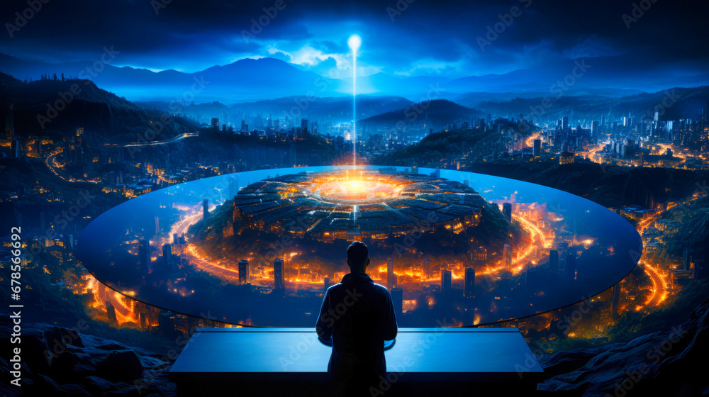 A man overlooking a futuristic city with glowing orange and blue lights ...