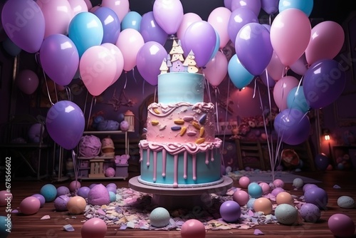 Happy birthday cake decorate with balloon. Generative AI