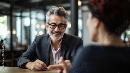 business meeting woman and man in middle of discussion , generated by AI