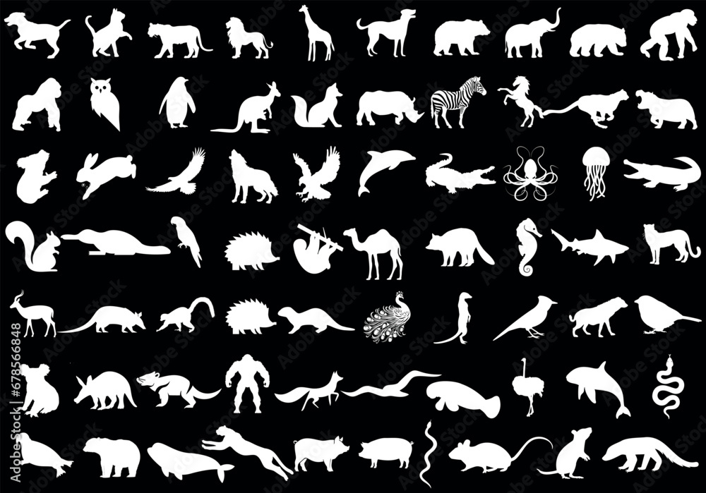 Animal Silhouette or Logo Collection isolated on dark background. Lion, Elephant, Tiger, Giraffe, Cheetah, Bear, Gorilla, Zebra, Kangaroo, Penguin, Wolf. Fully customizable vector illustrations