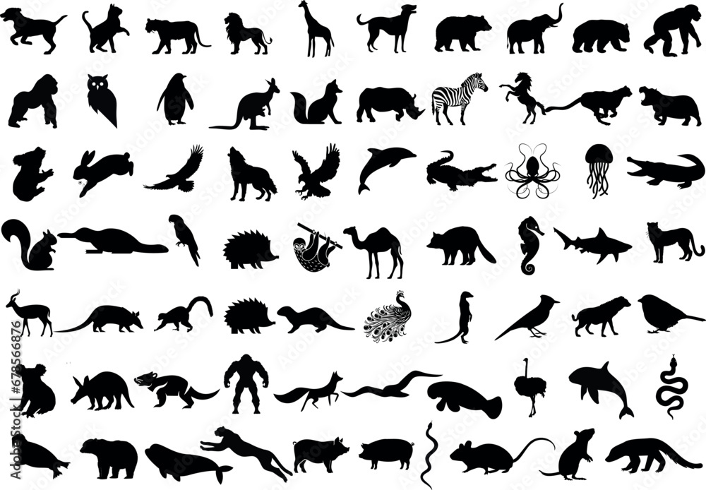 Animal silhouettes Vector illustration. Diverse species mammals, birds, reptiles, insects. cat, dog, elephant, lion, tiger, snake, bird, fish, cow, pig, deer,hedgehog, lizard, crocodile, giraffe, rat