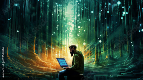 Mysterious environmental hacktivist with laptop sits amidst forest and writing code surrounded illumination of bright lights, enigmatic atmosphere blending world of technology with nature beauty