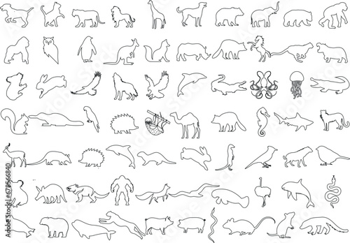 Animal line art vector illustration featuring diverse species. Ideal for coloring books, educational materials, and more. a comprehensive animal kingdom representation