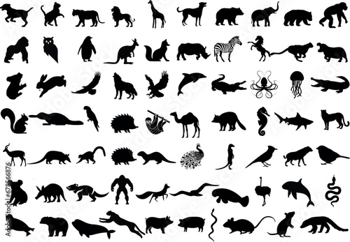 Animal silhouettes Vector illustration. Diverse species mammals, birds, reptiles, insects. cat, dog, elephant, lion, tiger, snake, bird, fish, cow, pig, deer,hedgehog, lizard, crocodile, giraffe, rat photo