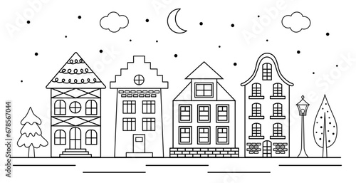 Dutch canal linear houses. Scandinavian doodle houses landscape.  Traditional architecture of Netherlands, Belgium and Amsterdam.