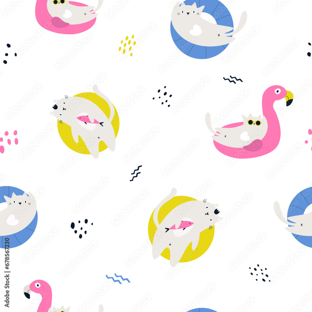 Fototapeta premium Seamless pattern with funny cats swimming in floating rings. pink flamingo