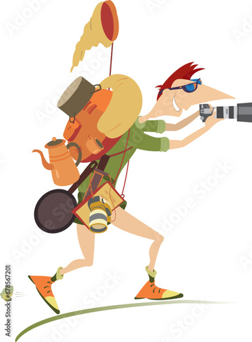 Traveler man making photo.
Smiling traveler man with a backpack and a camera making photo. Isolated on white background
