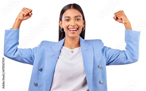 Photography Isolated business woman, flex muscle and portrait with pride, goal or champion by transparent png background