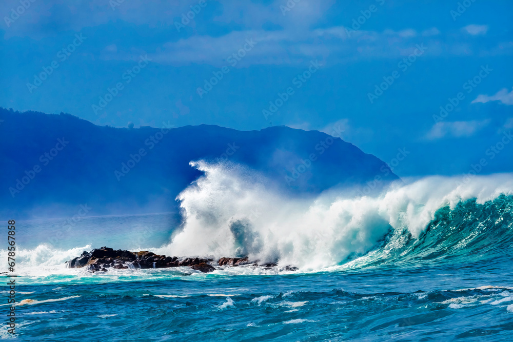 Colorful Large Waves Rocks Waimea Bay North Shore Oahu Hawaii
