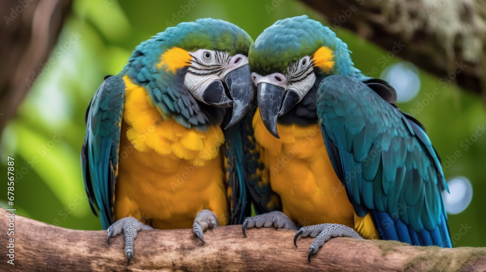 Blue and Yellow Macaws Perched on Branch