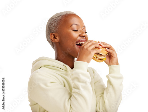Cuadro en lienzo Happy, eating and black woman with hamburger on isolated, png and transparent background
