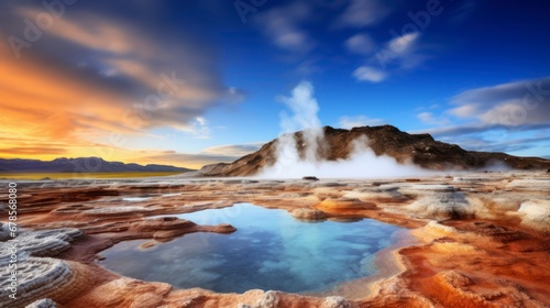Dramatic view of the geothermal area, exotic world landmark. Generative AI photo