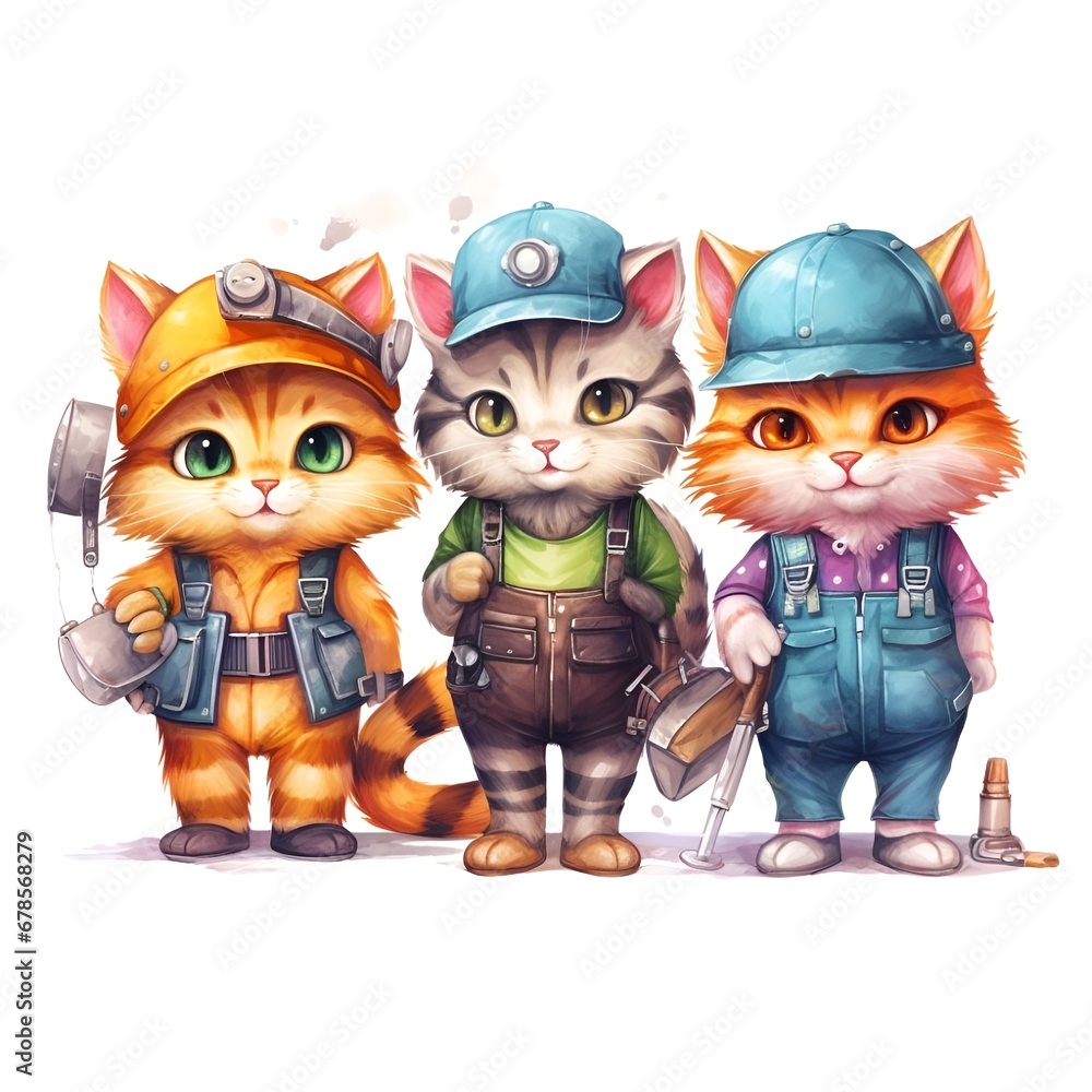 Fototapeta premium three cats dressed as a Auto mechanic, illustrator style 