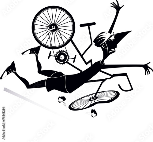 Cyclist falling down from the bicycle. 
Young man falling down from the bicycle. Black and white illustration
