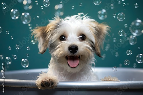 Poodle in the shower in dog bath. Soap bubble background.