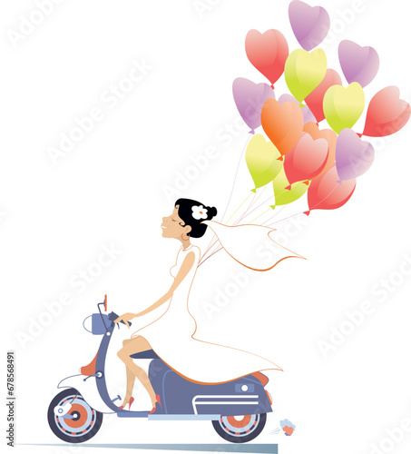 Pretty bride with air balloons rides on the scooter. 
Pretty bride in the white dress and wedding veil rides on the scooter with a lot of air balloons. Isolated on white

