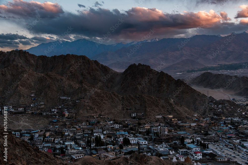 Magnificent view of Leh City from Above during golden hour time. Leh in capital city of Ladakh, located in India. Ladakh also well known as the highland because its over 3.500 meters above sea level