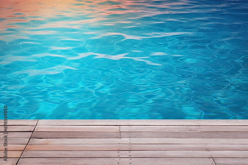 Obraz premium Inviting blue poolside retreat in summer. Sun kissed serenity. Relaxing pool deck amidst nature beauty. Lap of luxury. Wooden deck for ultimate leisure