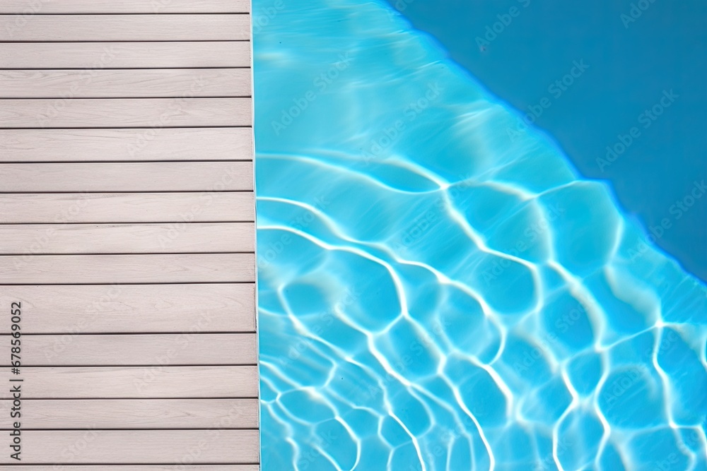 Obraz premium Inviting blue poolside retreat in summer. Sun kissed serenity. Relaxing pool deck amidst nature beauty. Lap of luxury. Wooden deck for ultimate leisure