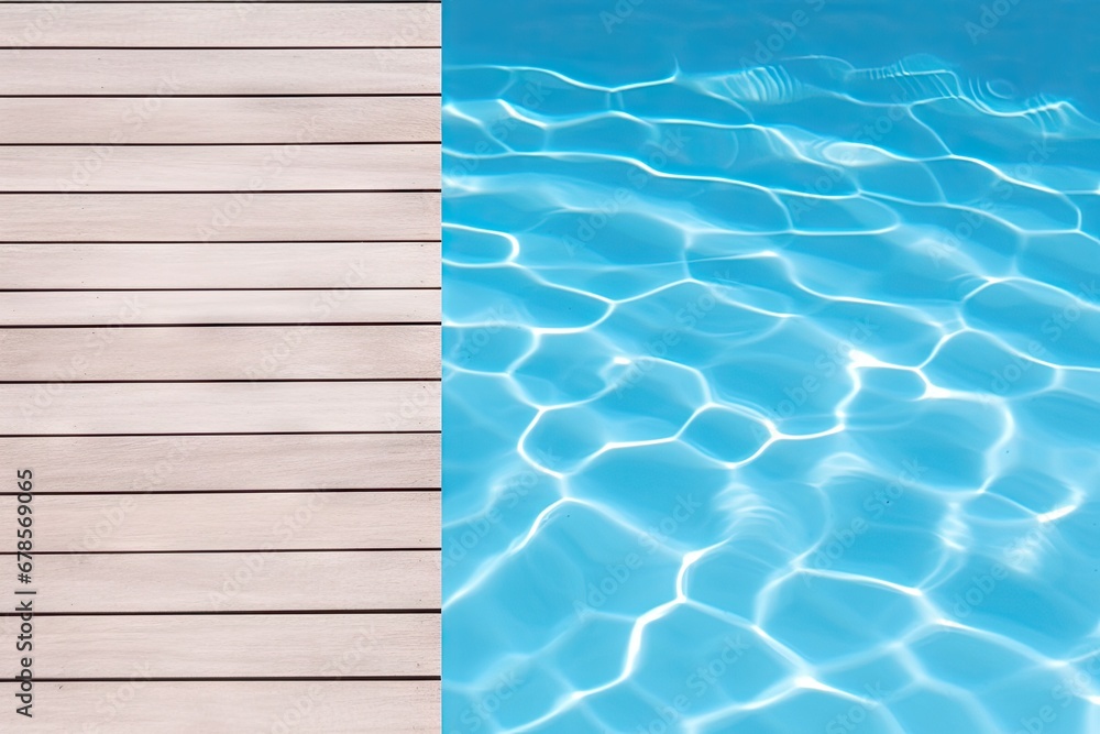 Obraz premium Inviting blue poolside retreat in summer. Sun kissed serenity. Relaxing pool deck amidst nature beauty. Lap of luxury. Wooden deck for ultimate leisure