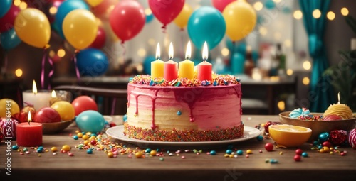 birthday cake with candles pink birthday cake with candles, birthday party for children, children having fun, colorful cake, rainbow, multicolored balloons and sparkles, chocolate, sugar and candies, 