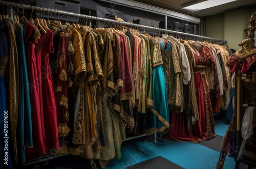 Show costumes rack in theatre. Fashion backstage dressing room with performance clothing. Generate ai