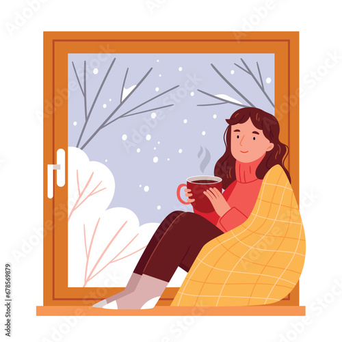 The girl is sitting on the windowsill drinking a winter drink and wrapped in a blanket. Winter background outside the window. Hand drawn style