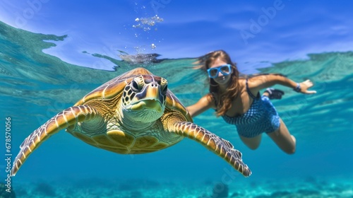 Snorkeling woman with hawksbill turtle, swimming and snorkeling on summer beach holidays. Generative AI