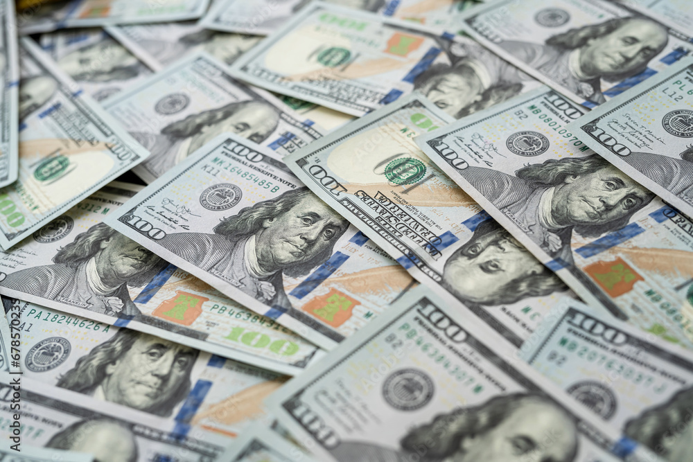Pile of new 100 one hundred dollars as finance background. Nobody, usa money Pile of new 100 one hundred dollars as finance background. Nobody, usa money