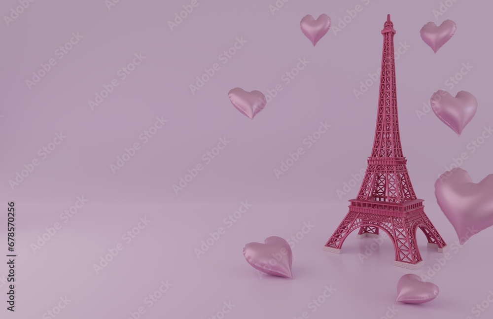Pink eiffel paris  background for product. Heart balloons symbols of love for Happy women's- mother's- valentine's day- birthday. 3d rendering