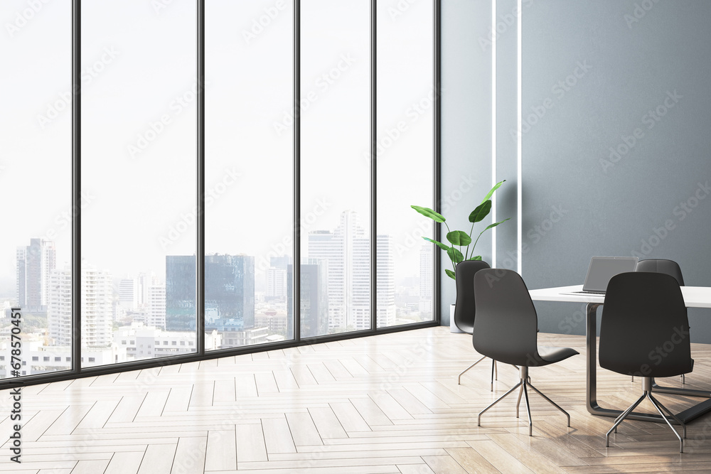 Fototapeta premium Bright meeting room interior with table and chairs, wooden flooring and panoramic window with city view. 3D Rendering.