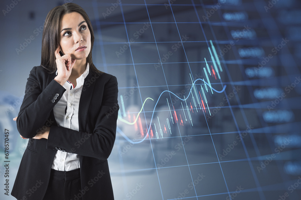 Businesswoman pondering over digital financial charts projection Businesswoman pondering over digital financial charts projection