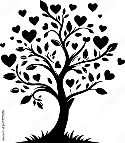 Black love tree with heart leaves. hand draw Valentine tree silhouette clip art isolated on white background, vector illustration photo